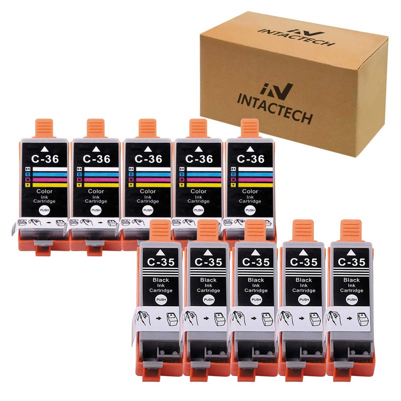 IN INTACTECH Compatible Ink Cartridges Replacement for Canon PGI-35 (Black) and PGI-36(Color) Work for pixma ip110 ip100 tr150 mini260 mini320 (Black - 5 nos and Tricolor - 5 nos, 10-Pack) - Image 1